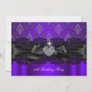 Purple Diamond Heart Damask Birthday Party Invitation