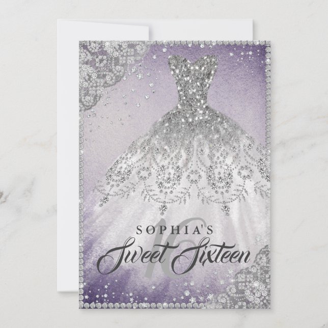 Purple Diamond Sparkle Gown Sweet Sixteen Invitation (Front)