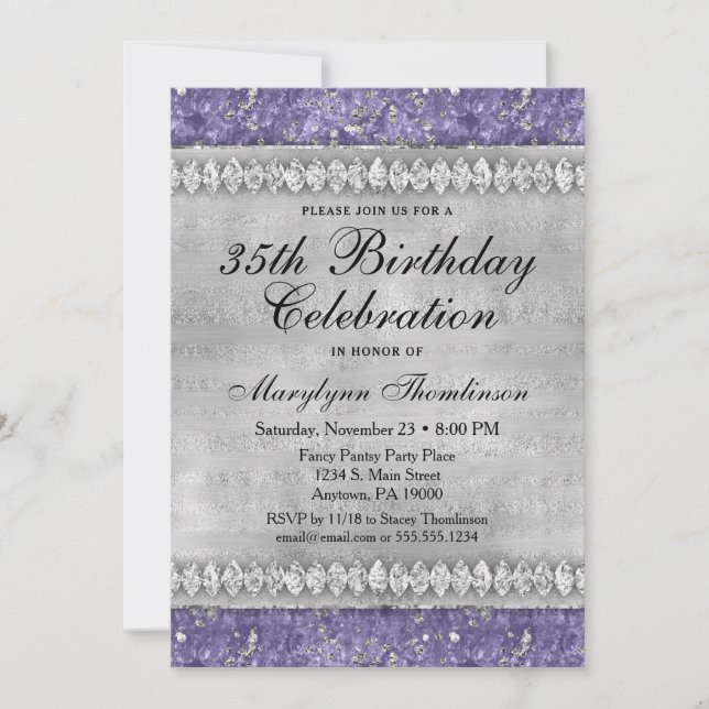 Purple Diamonds Birthday Invitation Velvet Silver (Front)