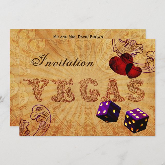 purple dice Vintage Vegas wedding invites (Front/Back)