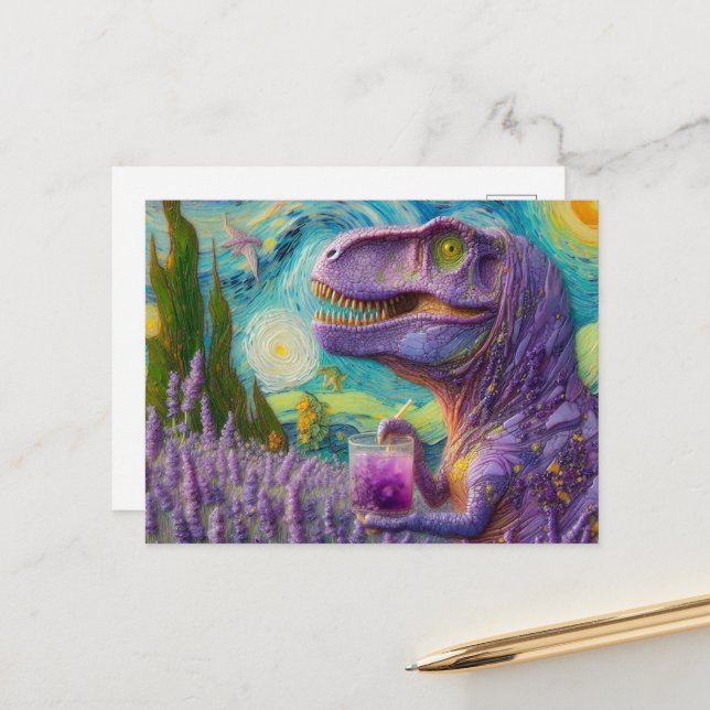 Purple Dino Lavender Lemonade Faux Van Gogh Postcard (Front/Back In Situ)