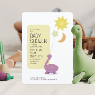 Purple Dino with Mylar Balloons Baby Shower Invitation
