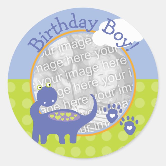 Purple Dinosaur Birthday Boy with Dots Photo Classic Round Sticker (Front)