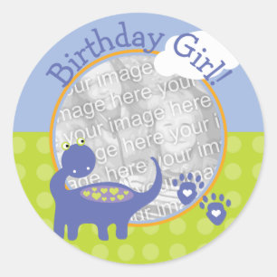 Purple Dinosaur Birthday Girl with Dots Photo Classic Round Sticker