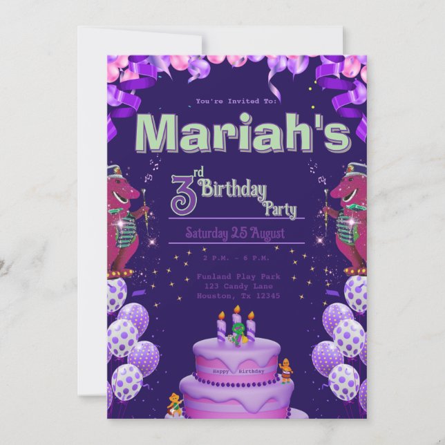 Purple Dinosaur Birthday Invitation  (Front)