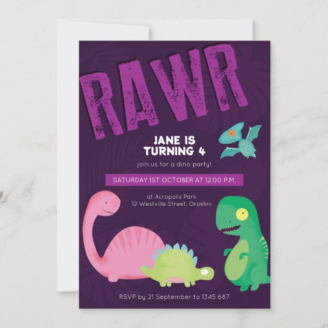Purple Dinosaur Birthday Invite (Front)