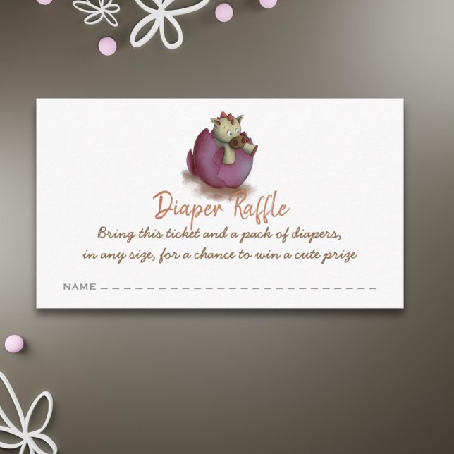 Purple dinosaur diaper raffle ticket enclosure card (Cute pink dragon hatching girl baby shower diaper faffle)