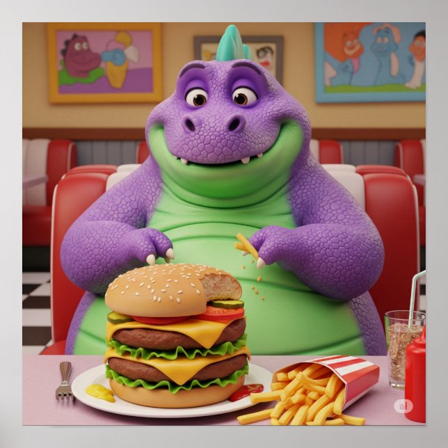 Purple Dinosaur Enjoying a Burger Poster (Front)