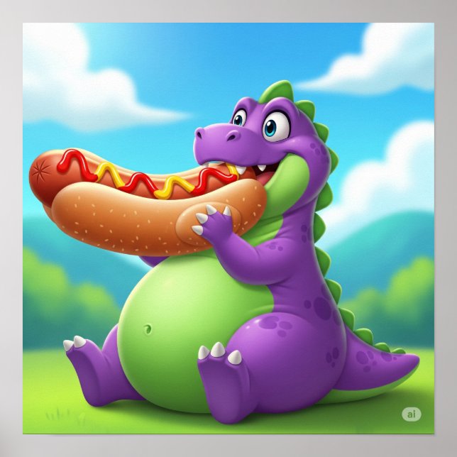 Purple Dinosaur Enjoying a Hot Dog Poster (Front)