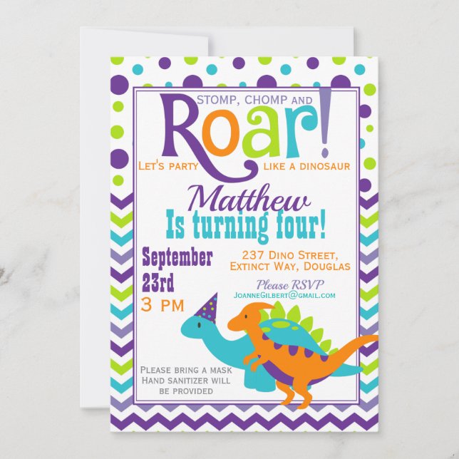 Purple Dinosaur Roar Birthday Party Invitation (Front)