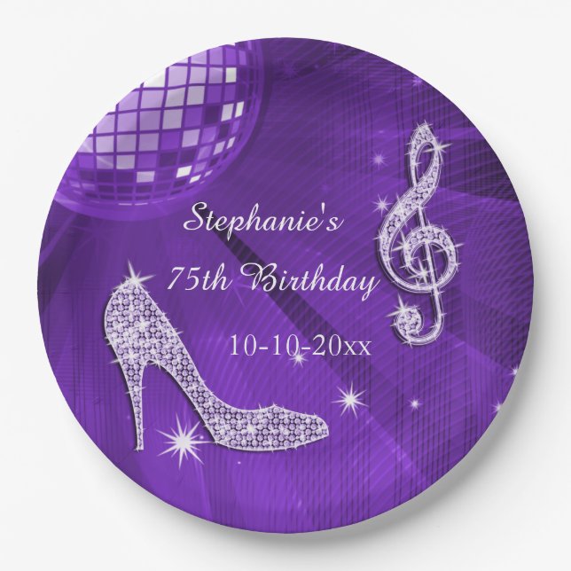 Purple Disco Ball and Heels 75th Birthday Paper Plate (Front)