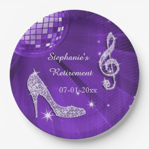 Purple Disco Ball and Heels Retirement Paper Plate
