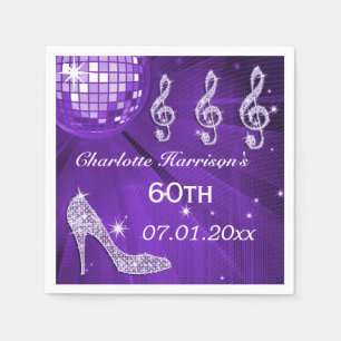 Purple Disco Ball and Sparkle Heels 60th Napkin