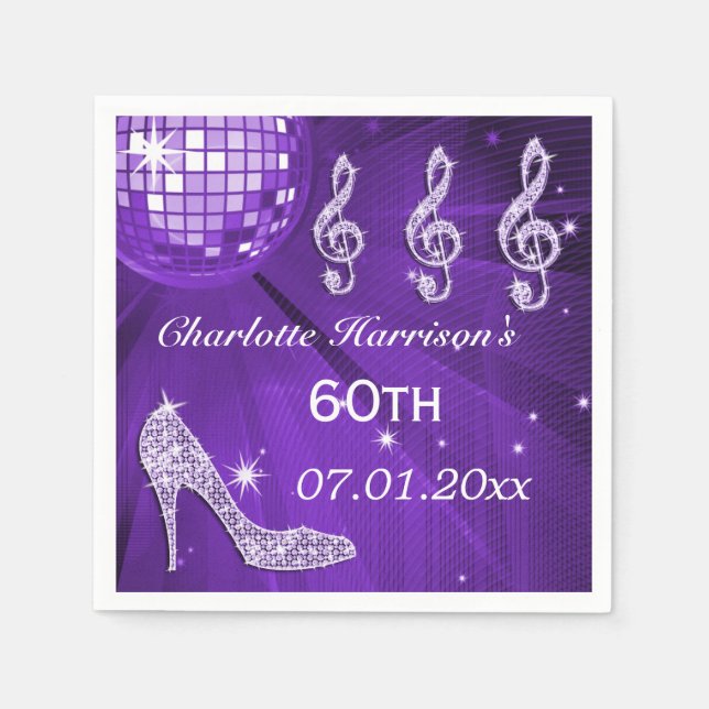 Purple Disco Ball and Sparkle Heels 60th Napkin (Front)