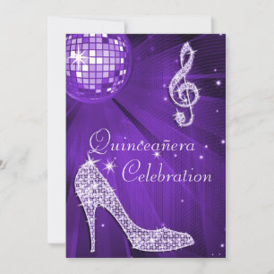 Purple Disco Ball and Sparkle Heels Quinceañera Invitation