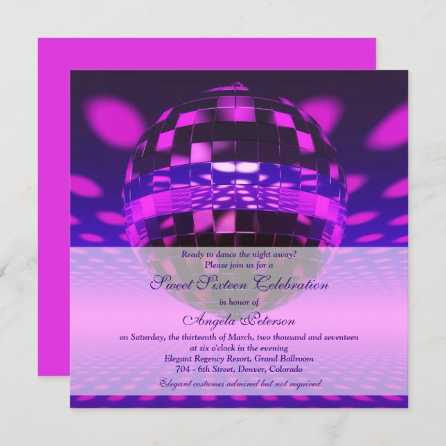 Purple Disco Ball Sweet 16 Birthday Invitation (Front/Back)