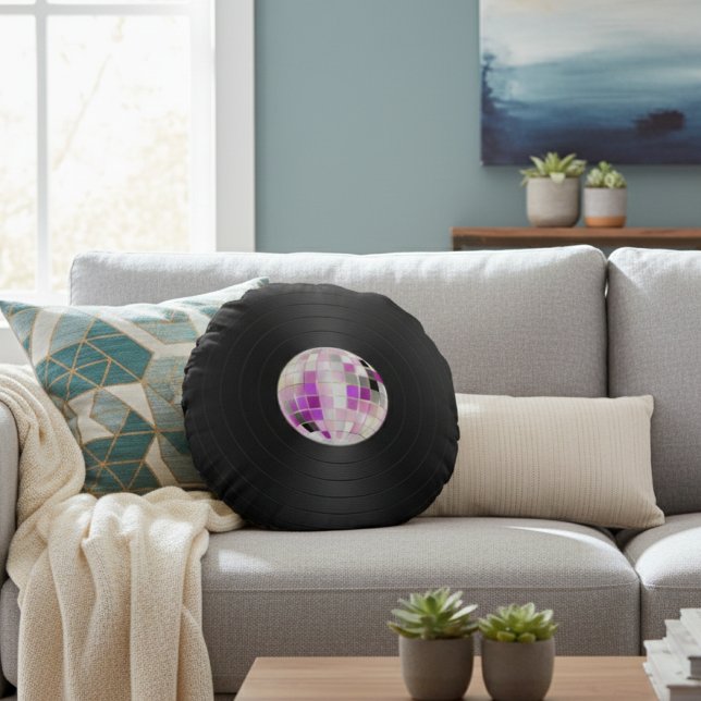 Purple Disco Ball Vinyl Record Round Cushion (Creator Uploaded)
