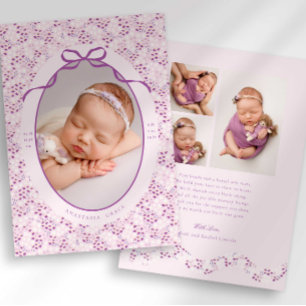 Purple Ditsy Floral Bow Photo Birth Announcement