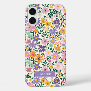 Purple Ditsy Flowers Monogrammed iPhone 16 Plus Case