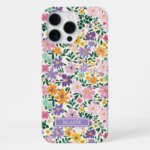 Purple Ditsy Flowers Monogrammed iPhone 16 Pro Max Case