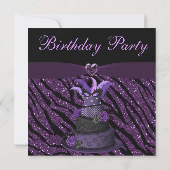 Purple Diva Cake & Printed Zebra Glitter Birthday Invitation (Front)