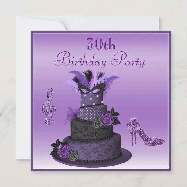 Purple Diva Cake, Sparkle High Heels 30th Birthday Invitation (Front)