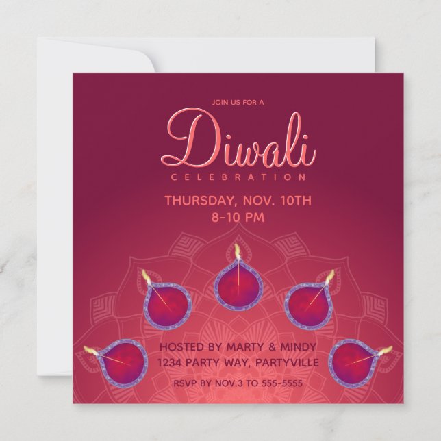 Purple Diyas on Rangoli Invitation (Front)