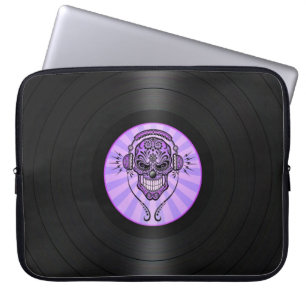 Purple Dj Sugar Skull on Vinyl Record Graphic Laptop Sleeve