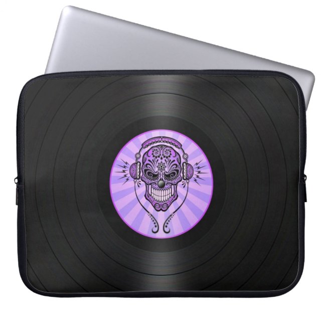 Purple Dj Sugar Skull on Vinyl Record Graphic Laptop Sleeve (Front)