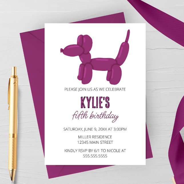 Purple Dog Balloon Animal Birthday Party Invitation (Creator Uploaded)
