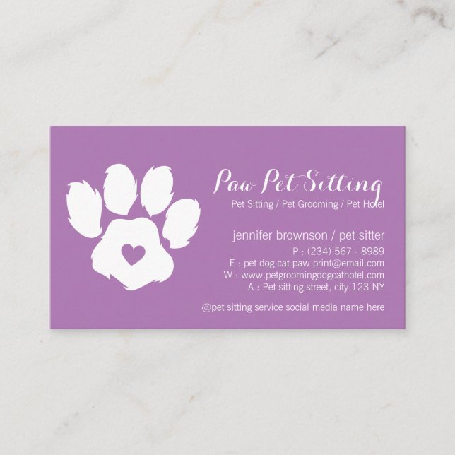 Purple Dog Logo Heart Paw Business Card (Front)