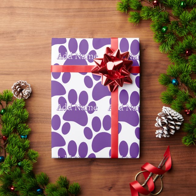 Purple Dog Paw Print Custom Name Wrapping Paper (Holiday Gift)