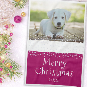 Purple Dog Pet Photo Stars Merry Christmas  Tea Towel
