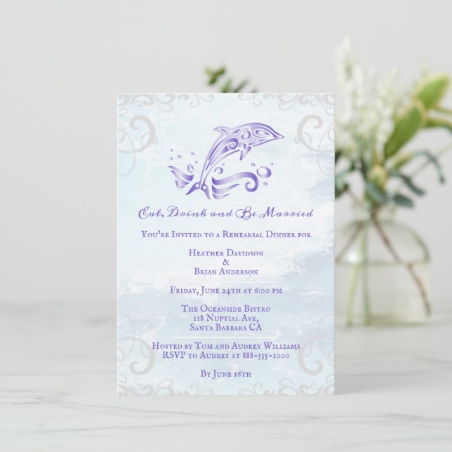 Purple Dolphin Wedding Rehearsal Dinner Invitation (Standing Front)