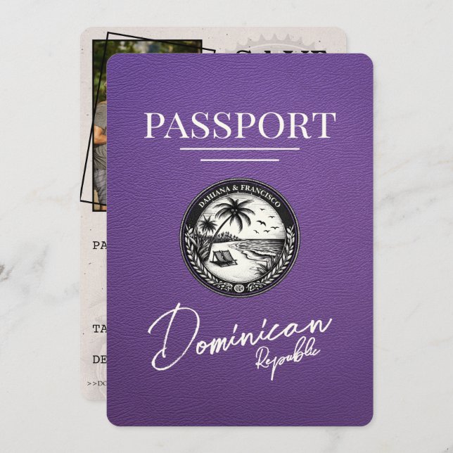 Purple Dominican Republic Passport Save The Date (Front/Back)
