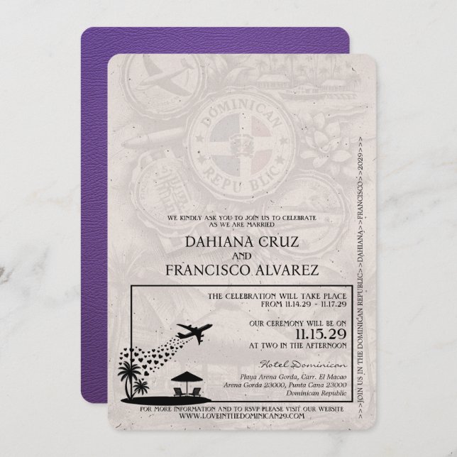 Purple Dominican Republic Passport Wedding Invitation (Front/Back)
