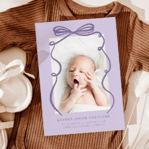 Purple Doodle Bow Frame Birth Announcement Photo