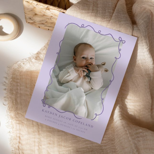 Purple Doodle Bows Frame Birth Announcement Photo (Creator Uploaded)