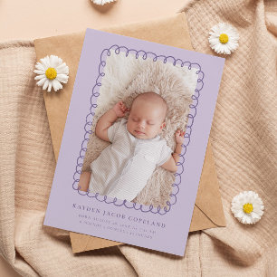 Purple Doodle Frame Birth Announcement Photo