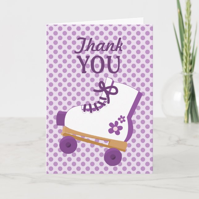 Purple Dots Roller Skate Birthday Thank You Card (Front)