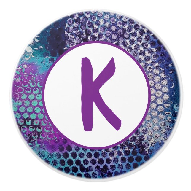 Purple Dotty Abstract Monogram Ceramic Knob (Front)