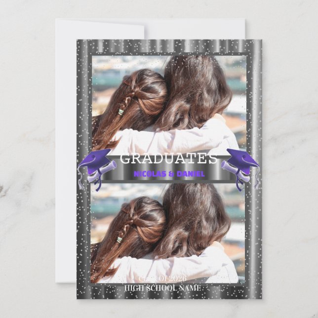 Purple double Celebration Graduation Party 2 photo Invitation (Back)