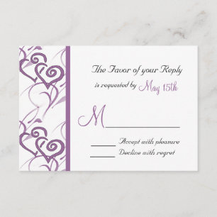Purple Double Hearts Swirl Vines Wedding RSVP Card