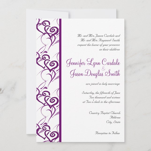 Purple Double Hearts Swirls Wedding Invitations (Front)