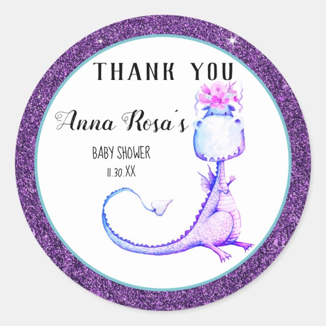 *~* Purple Dragon Baby Girl Shower Thank You Classic Round Sticker (Front)