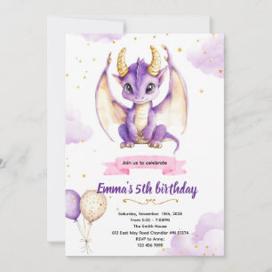 Purple dragon birthday party invitation