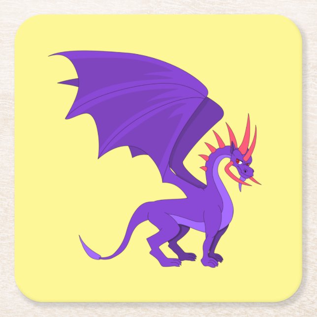 Purple dragon cartoon square paper coaster (Front)