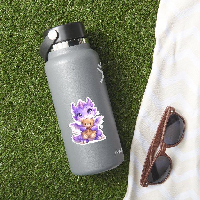 Purple Dragon Hugging Teddy Bear Die-Cut Sticker (HydroFlask Insitu)