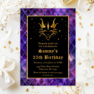 Purple Dragon Scales Gold Faux Glitter Birthday Invitation