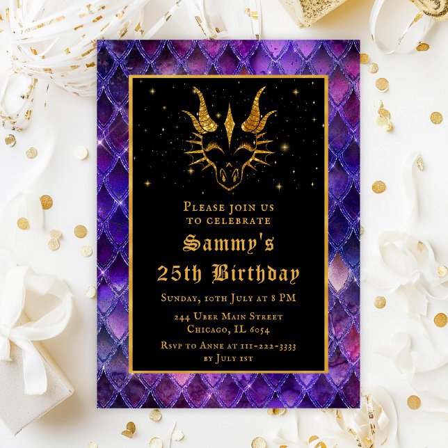 Purple Dragon Scales Gold Faux Glitter Birthday Invitation (Creator Uploaded)